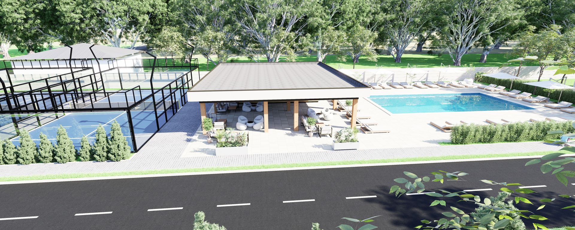 Vedere aeriană a Clubului rezidenților: terenuri de padel, piscină și zona de relaxare.
