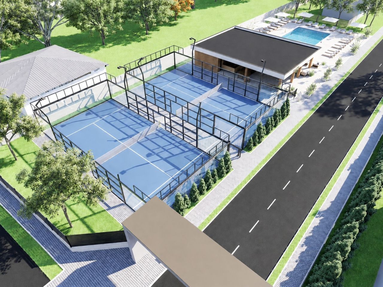 YOLA LAC — vedere aeriană a clubului: terenuri de padel, piscină și terasa comună.