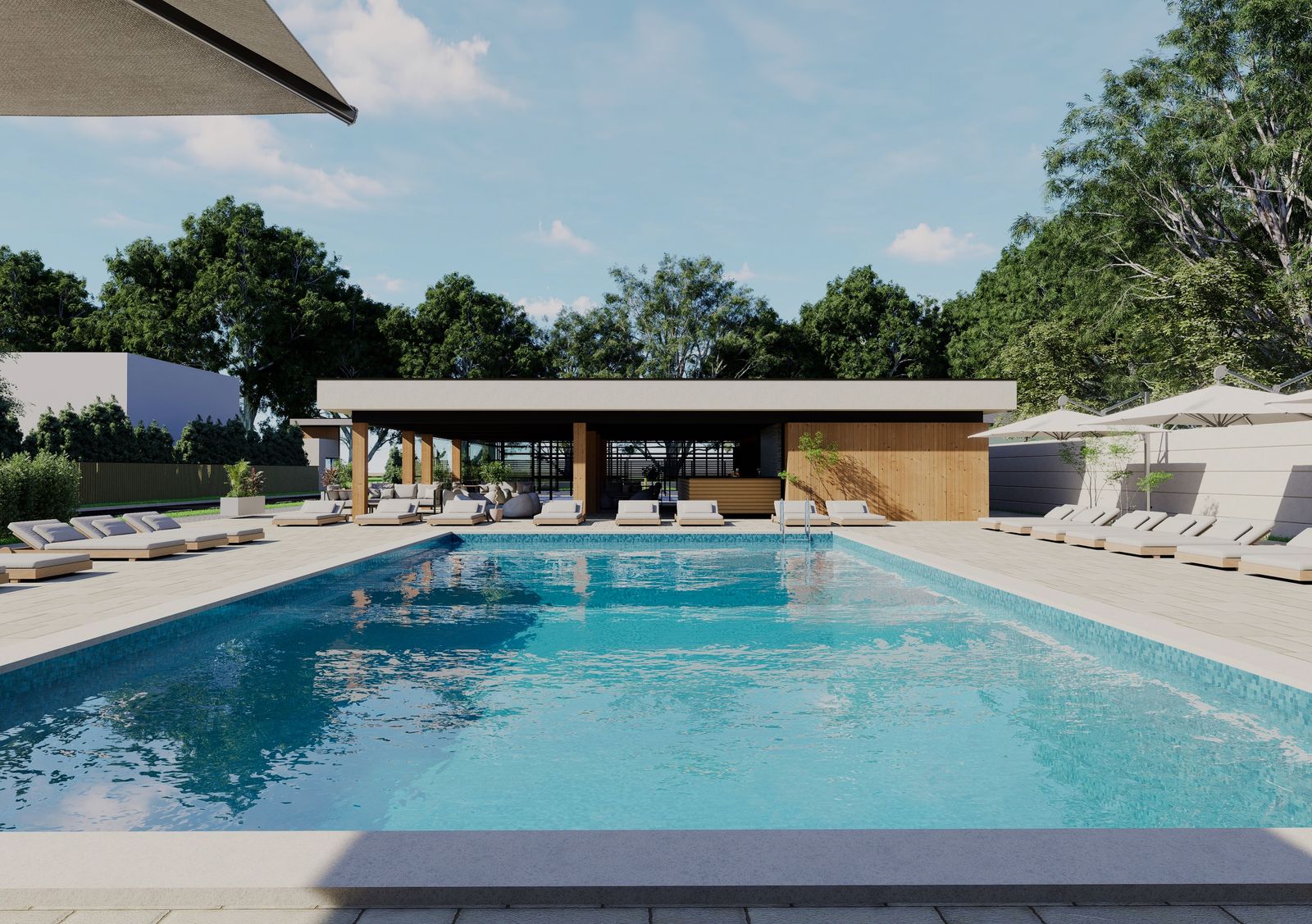 Piscina comunității YOLA LAC, cu pavilionul de lounge și zonele de relaxare în jur.