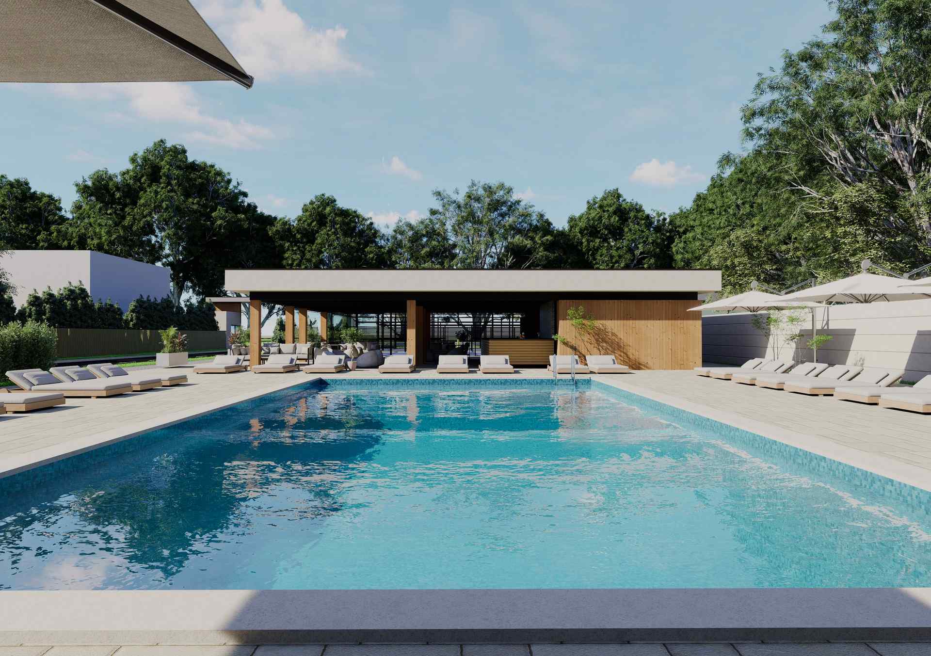 Vedere aeriană a Clubului rezidenților: terenuri de padel, piscină și zona de relaxare.