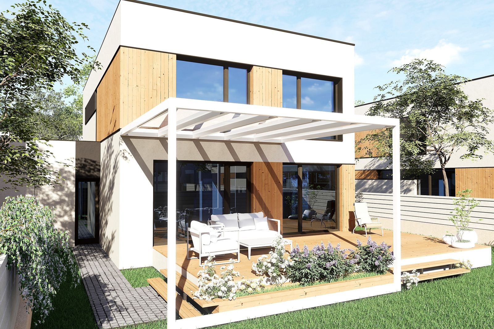 Casă YOLA LAC — vedere dinspre grădină din lateral dreapta, cu zona de lounge sub pergola.